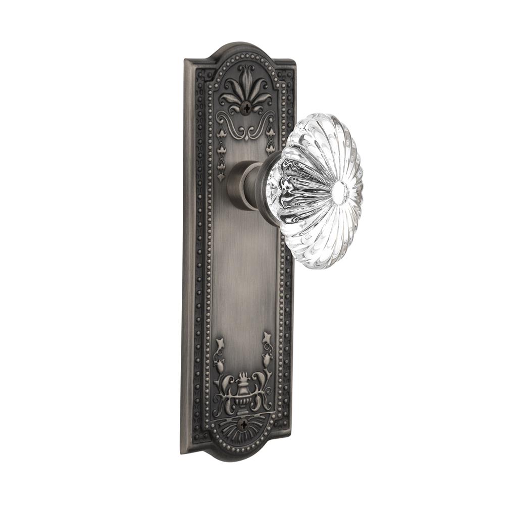 Nostalgic Warehouse MEAOFC Passage Knob Meadows Plate with Oval Fluted Crystal Knob without Keyhole in Antique Pewter
